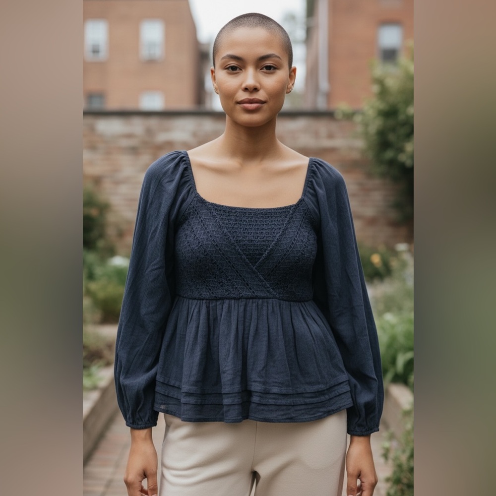 Textured Navy Blue V-Neck, lace, flowy blouse